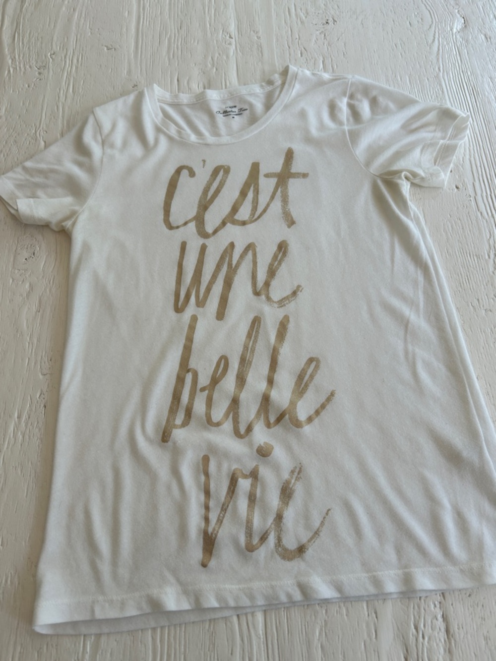 J. Crew White Tee with Gold Brush Script